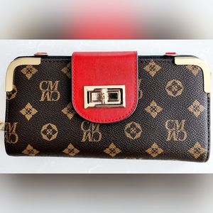 Red, brown, beige with gold trim ladies Leather wristlet/clutch